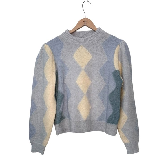 J. CREW Diamond Checked Argyle Cropped Crewneck Sweater Blue Cream Size Small - Picture 2 of 9